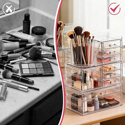 ShineMe Clear Makeup Organizer with 9 Drawers, 3 Tier Stackable Makeup Storage Organizer with Rotating Brush Holder, Acrylic Countertop Makeup Organizer for Vanity Skincare Jewelry Hair Accessories