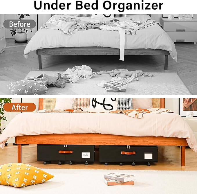 Freebat Under Bed Storage Organizer with Wheels, Underbed Container with Clear Lid Cover, Storage Bag Box with Visiable Window for Clothes, Bedsheet, Pillow, 2 Pack，7.5 inches