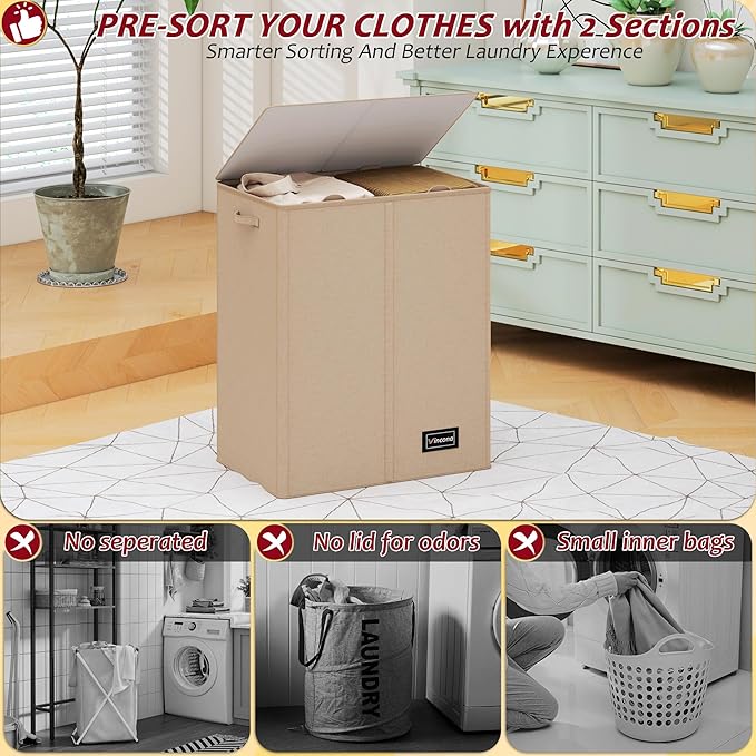 150L Laundry Hamper 2 Section, Large Laundry Hamper with Lid, Dirty Clothes Hamper with 2 Removable Inner Bags, Collapsible Laundry Basket Organizer for for Clothes Toys Towels, Hamper 2 Compartment