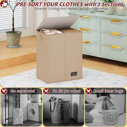 150L Laundry Hamper 2 Section, Large Laundry Hamper with Lid, Dirty Clothes Hamper with 2 Removable Inner Bags, Collapsible Laundry Basket Organizer for for Clothes Toys Towels, Hamper 2 Compartment