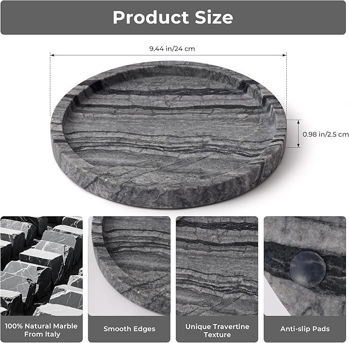 Natural Marble Vanity Tray for Bathroom Bedroom Kitchen Dresser, Round Decorative Trays for Jewelry, Perfume, Cosmetic, Candle, Countertop Storage Organizer for Home Decor Gray Black (WH017)
