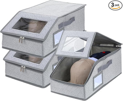 3 Pack Stackable Hat Organizer for Baseball Caps – Holds Up to 36 Caps, Foldable & Portable with Handles, Dust-Proof Fabric Storage Box with Clear Window, Space-Saving Grey Closet Organizer