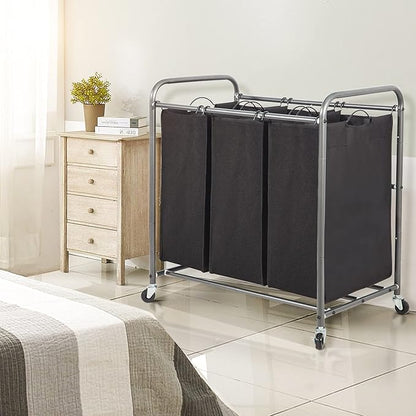 STO STO Laundry Sorter 3 Section, 3 Bag Clothes Hamper, Rolling Laundry Cart Basket with Heavy Duty Lockable Wheels and Removable Bag for Laundry Room, Bedroom, Closet, Black