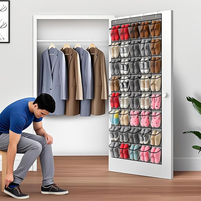 40-Pocket Over the Door Shoe Organizer - Large Mesh Pocket Hanging Shoe Organizer,Behind the Door Shoes Storage Holder Hanger,Large Capacity Design for Dorm Room College,Store 20 Pairs(Grey)