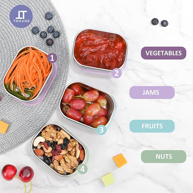 Tanjiae 8oz Small (1 CUP) Stainless Steel Snack Containers for Kids and Toddlers (Ages 1-3) | Easy Open Leak Proof Food Containers with Silicone Lids - Perfect Metal Lunch Box for Daycare and School