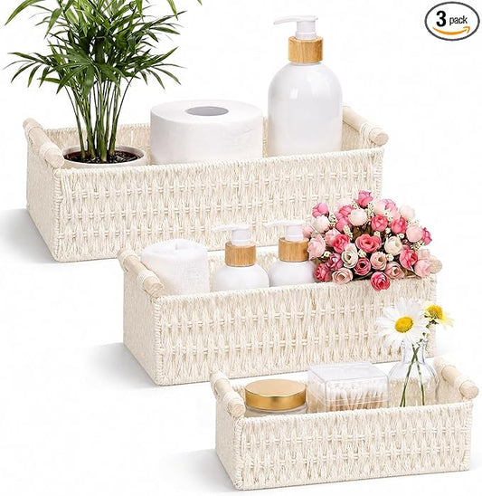 Boao 3 Pcs Boho Storage Wicker Baskets Handmade Woven Decorative Paper Rope Baskets for Organizing with Handle Countertop Toilet Paper Storage Container for Toilet Tank Top (Beige,Rectangle)