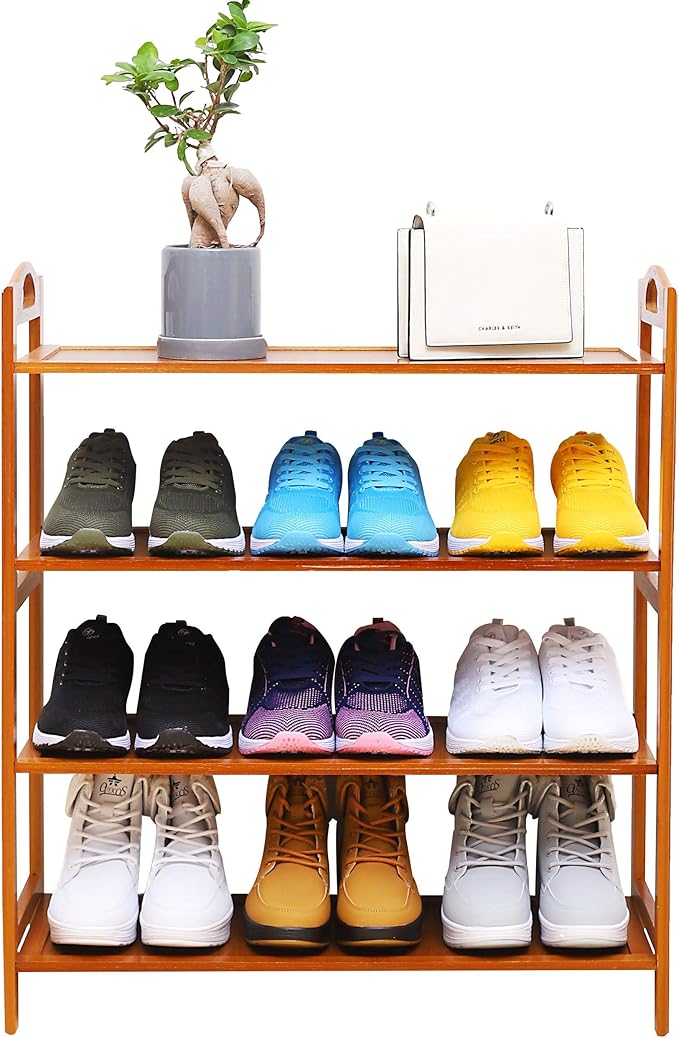 SANPON Bamboo Shoe Rack 4 Tier Shoe Organizer for Closet Entryway Shoe Rack Free Standing Shoe Shelf Flat Brown