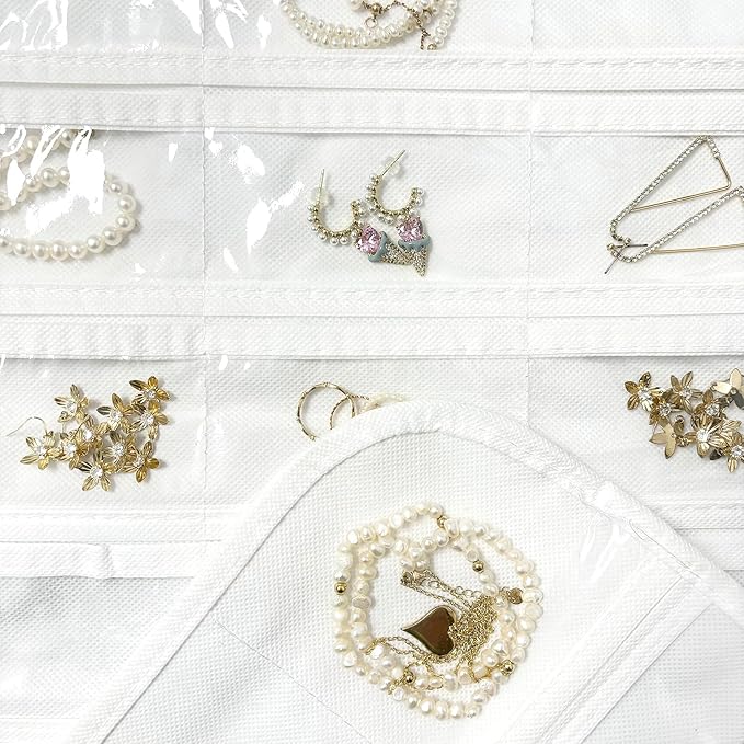 1 Pack Hanging Jewelry Organizer 80-Pocket Dual-sided Jewelry Storage for Earring Necklace Bracelet Ring Travel Holder, White