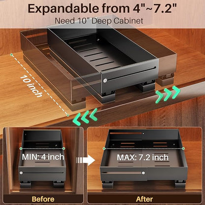SNTD Pull Out Spice Rack for Upper Cabinet - Expandable Organizer with Smooth Ball Bearing Slides, No Drill Mounting Spice Storage for Kitchen (2 Pack, 4.1" to 7.2" W X 10" D X 2.2" H)