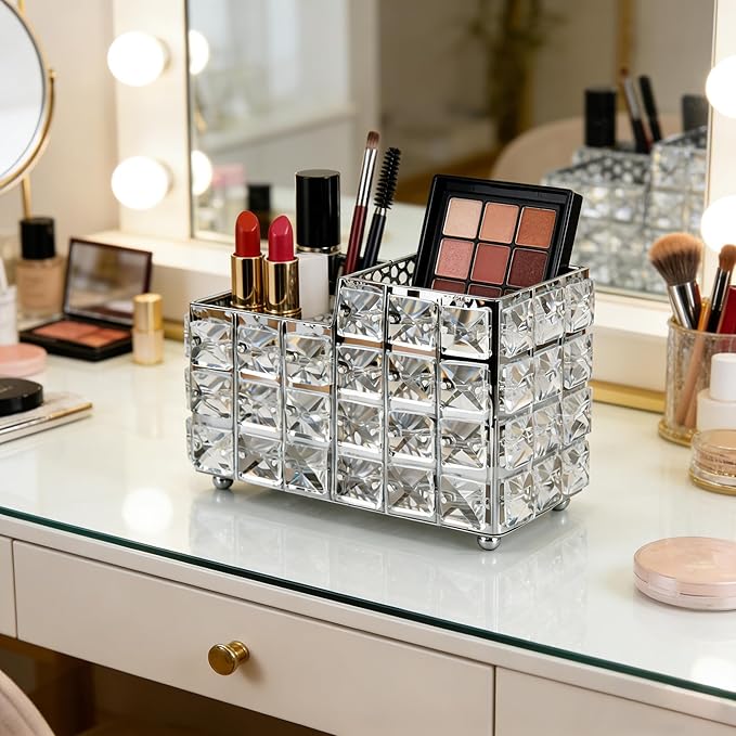 LUEXBOX Crystal Makeup Brush Holder, One-Piece Square Brush Organizer, Cosmetics Brush Storage Container for Table, Dresser, Bathroom, Bedroom Organization (Silver)