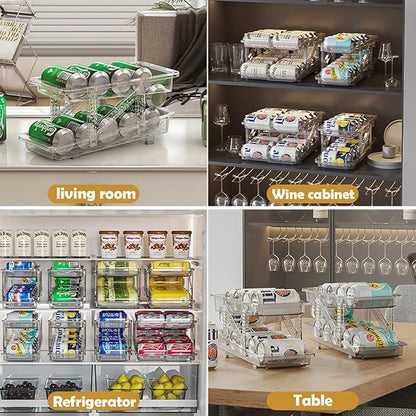 Soda Can Dispenser for Refrigerator, Adjustable Width Soda Can Organizer, 2-Layer Beverage Pop Can Holder, Drink Storage Organizer for Fridge, Pantry, Cabinet, Countertop (Clear-1 Pack)