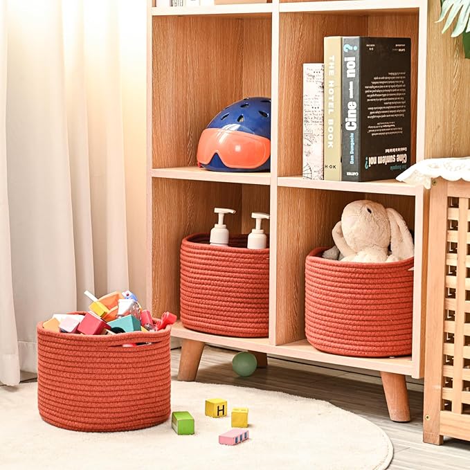 ICERZCZ Small Storage Baskets for Organizing, Organizer Bins for Shelves, Small Woven Baskets for Storage, Red Baskets for Gifts, Organization Bins, Baskets for Decor, 9.7"×9.7"×7" (3 Packs) Brick Red