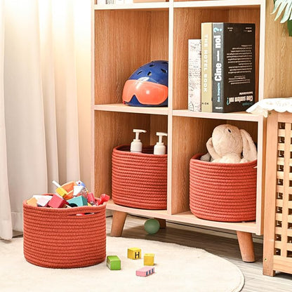 ICERZCZ Small Storage Baskets for Organizing, Organizer Bins for Shelves, Small Woven Baskets for Storage, Red Baskets for Gifts, Organization Bins, Baskets for Decor, 9.7"×9.7"×7" (3 Packs) Brick Red