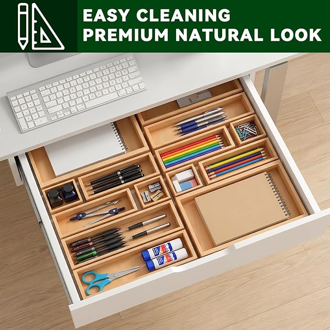 Bamboo Drawer Organizer 14 Pcs for Kitchen Multi-purpose Storage Dividers for Kitchen, Office, Jewelry, Cosmetics, Wooden Drawer Dividers for Drawer Organizer Desk Organizer Gift for Women Gifts Idea