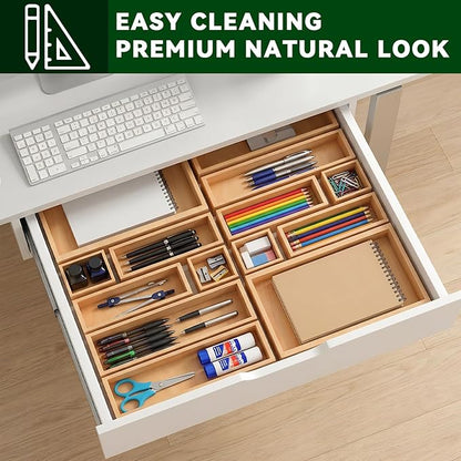 Bamboo Drawer Organizer 14 Pcs for Kitchen Multi-purpose Storage Dividers for Kitchen, Office, Jewelry, Cosmetics, Wooden Drawer Dividers for Drawer Organizer Desk Organizer Gift for Women Gifts Idea