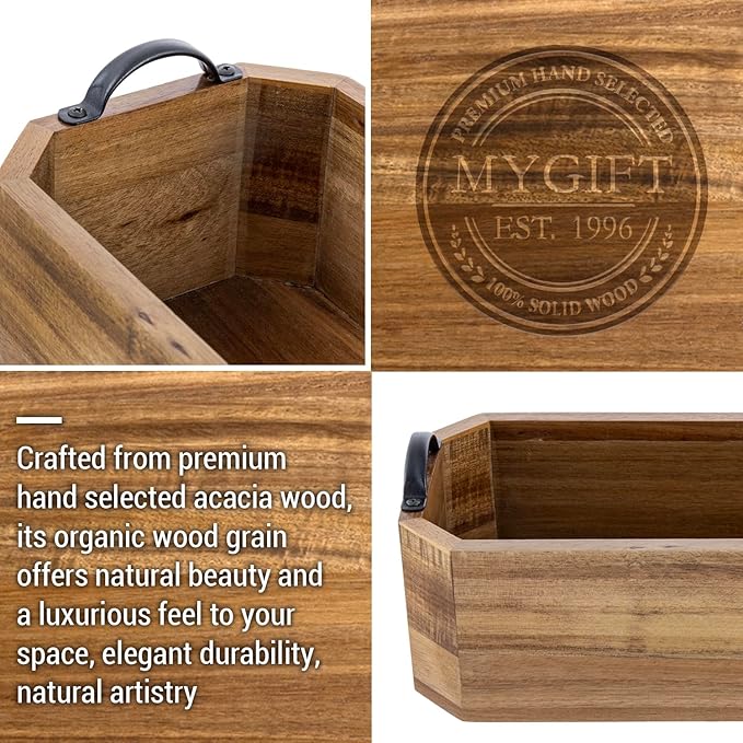 MyGift Wooden Bathroom Tray - Toilet Tank Organizer Basket, Wood Toilet Paper Holder & Toiletry Caddy with Metal Handles for Vanity Countertop