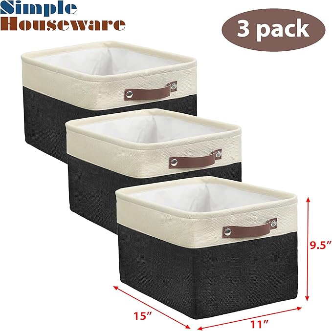 Simple Houseware 15" x 11" Large Fabric Storage Bin for Closet and Shelves, Leather Like Handles, 3 Pack, Black