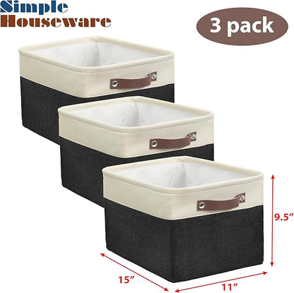 Simple Houseware 15" x 11" Large Fabric Storage Bin for Closet and Shelves, Leather Like Handles, 3 Pack, Black