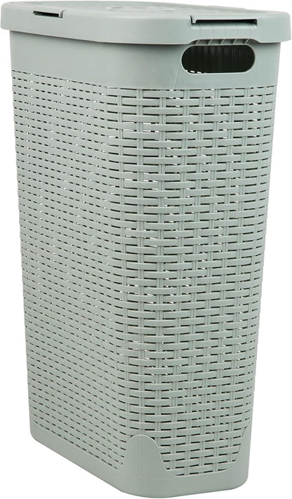Mind Reader Slim Laundry Hamper with Lid, 40L Clothes Basket, Narrow Tapered Design with Ventilated Cutout Pattern, Plastic, Mint