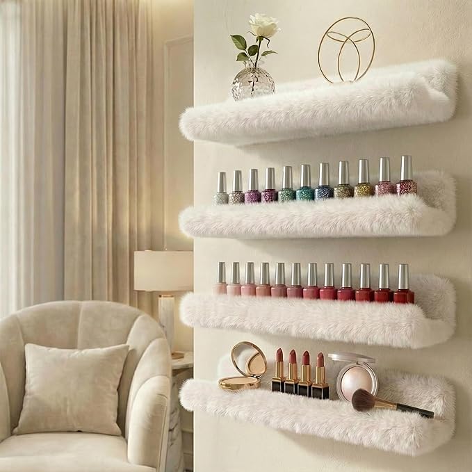 Care&More YJ 15 Inch Nail Polish Shelves, 4-Pack Fluffy Nail Polish Rack for Storing Nail Bottles, Sunglasses, Essential Oils, Plush Soft White