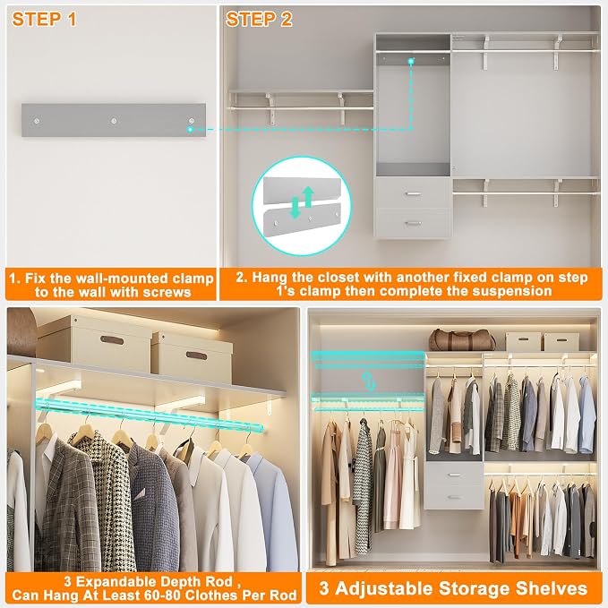 96 Hanging Closet System with 2 Wooden Drawers, 75"–87" Height Adjustable Closet Organizer System with Tower, 4-8FT Custom Closet Shelving System, Wall-Mounted Walk-In Closets Wardrobe, Grey