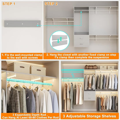 96 Hanging Closet System with 2 Wooden Drawers, 75"–87" Height Adjustable Closet Organizer System with Tower, 4-8FT Custom Closet Shelving System, Wall-Mounted Walk-In Closets Wardrobe, Grey
