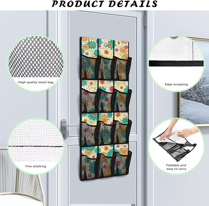 Hippie Flower Over the Door Shoe Organizer 12 Large Mesh Pockets Sturdy Oxford Door Shoe Organizer Hanging Shoe Rack for Closet Shoe Holder