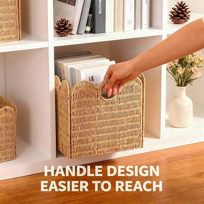 Scalloped Wicker Storage Cubes Basket, 12”x12“ Heavy Duty Paper rope/Hyacinth/Seagrass Baskets for Shelves, Foldable Natural Boho Square Bins (Paper Rope&12 x 12 x 12in&4-Pack)
