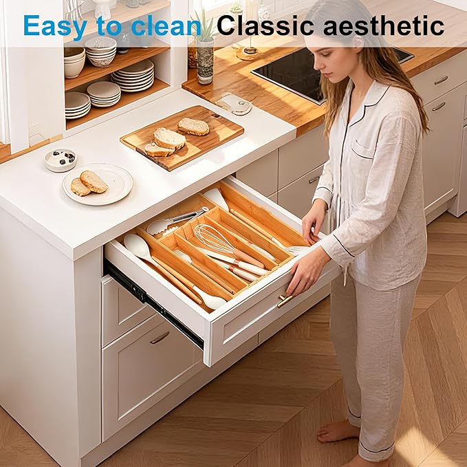 Bamboo Expandable Silverware Organizer - Adjustable Cutlery Tray with 3 Removable Dividers & 5 Tracks, Drawer Organizer for Utensils, Stationery, Tools (12.6" to 20.5")