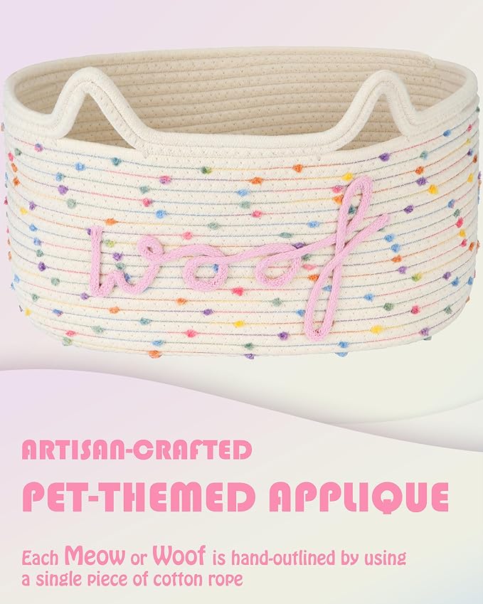 Sea Team Dog Toy Basket with Handles, 16.5 x 11 x 7 Inches, 4.4 Gallons Large Cotton Rope Storage Bin, Box, Shelf Organizer for Pet Chew Toys, Foods, Rainbow Woof