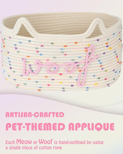 Sea Team Dog Toy Basket with Handles, 16.5 x 11 x 7 Inches, 4.4 Gallons Large Cotton Rope Storage Bin, Box, Shelf Organizer for Pet Chew Toys, Foods, Rainbow Woof
