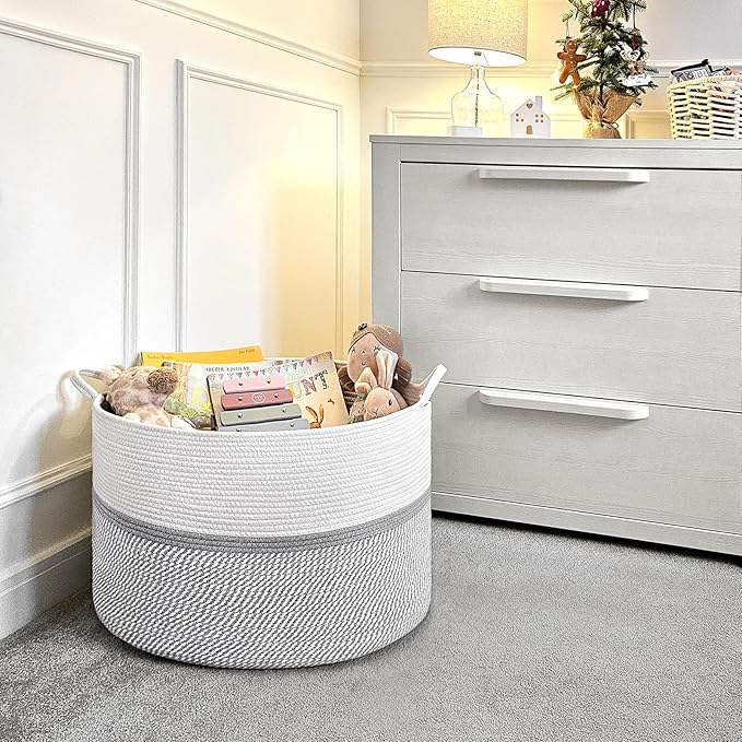 CHICVITA 85L Large Blanket Basket for Living Room, Woven Storage Baskets for Laundry Pillows Toys, Decorative Cotton Rope Basket with Handles for Bedroom Nursery, 22" x 22" x 14", Gray