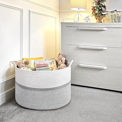 CHICVITA 85L Large Blanket Basket for Living Room, Woven Storage Baskets for Laundry Pillows Toys, Decorative Cotton Rope Basket with Handles for Bedroom Nursery, 22" x 22" x 14", Gray