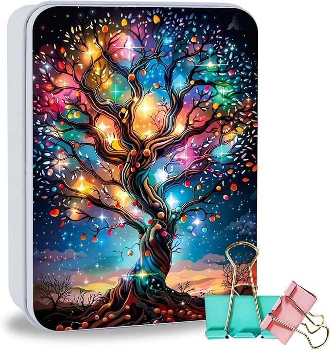 Metal Tin Box Sturdy Metal Storage Box with Lid, Large Container Holder for TCG Cards,Car Keys,Cookies,Tin Containers for Gift,5.0x3.7x1.6 Inch,Exquisite Pattern Design(Shining Tree)
