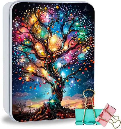 Metal Tin Box Sturdy Metal Storage Box with Lid, Large Container Holder for TCG Cards,Car Keys,Cookies,Tin Containers for Gift,5.0x3.7x1.6 Inch,Exquisite Pattern Design(Shining Tree)