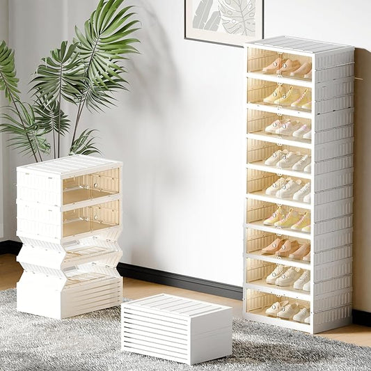 FLEXIMOUNTS Shoe Rack Organizer Storage Box 9 Tiers-18 Pairs, Portable Folding Shoe Rack for Closet Entryway, Collapsible Shoe Cabinet with Magnetic Clear Door for Front Door Entrance