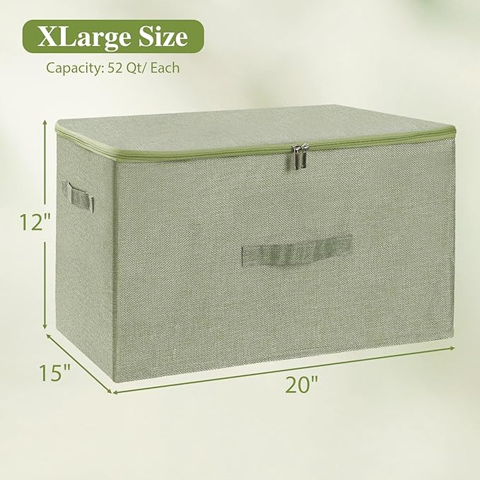 ANMINY Storage Bins with Zipper Lids 51.9 Qt Lidded Fabric Storage Boxes Baskets Cubes with Handles Collapsible Washable Cotton Linen Closet Shelf Clothes Organizer - Green, Extra Large