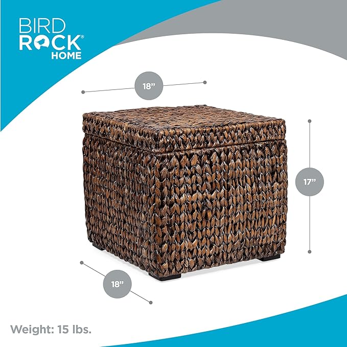 BIRDROCK HOME Storage Cube Box with Lid - Brown Wash Seagrass - Large Hand Woven Floor Container for Blankets Pillows - Sturdy Metal Frame