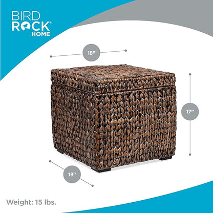 BIRDROCK HOME Storage Cube Box with Lid - Brown Wash Seagrass - Large Hand Woven Floor Container for Blankets Pillows - Sturdy Metal Frame