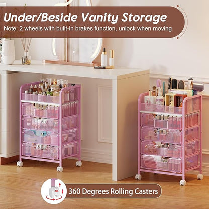 Hongtamoya Makeup Cart Organizer with 4 Drawers, Large Floor Skincare Organizers, Vanity Storage Organizer Cosmetics Display Cases for Skin Care Perfume Nail Polish, Pink