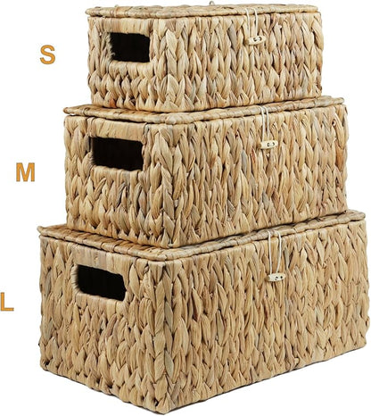 ORDELITE Set of 2 Wicker Basket with Lid, Rectangular Water Hyacinth Storage Baskets for Organizing, Decorative Woven Basket Bins Boxes for Organizing Home