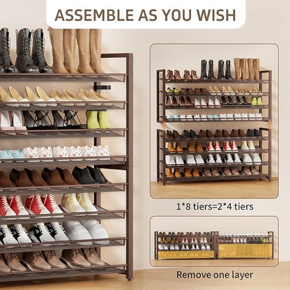 Metal Shoe Rack,Large 8 Tier Shoe Organizer, Heavy Duty Metal 4-Tier Stackable Shoe Storage Vertical Shoe Rack for Closet Front Door,Entrance,Entryway,Garage,Up to 50 Pairs,Bronze