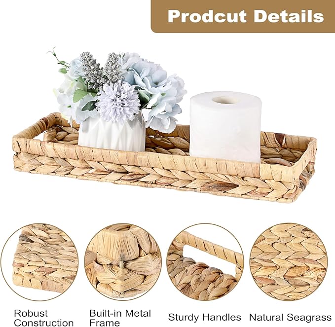 Bathroom Vanity Tray, Water Hyacinth Narrow Counter Tray with Handles, Decorative Woven Organizer Trays for Toilet Tank, Shelves, Farmhouse Hand Towels Basket Holder for Storage (Large)