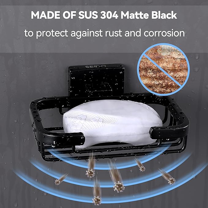SEIDO Matte Black Soap Dish for Shower Wall, Black Bar Soap Holder for Bathroom & Kitchen, 304 Stainless Steel Wall Mount Soap Dish Holder, 4.8" L x 3.2" W Internal