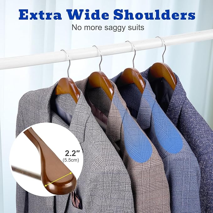 HOUSE DAY Wide Shoulder Wooden Hangers, Suit Hangers with Non Slip Pants Bar, Smooth Finish 360° Swivel Hook Solid Wood Coat Hangers for Dress, Jacket, Pants, Heavy Clothes Hangers 6 Pack (Walnut)
