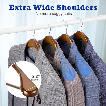 HOUSE DAY Wide Shoulder Wooden Hangers, Suit Hangers with Non Slip Pants Bar, Smooth Finish 360° Swivel Hook Solid Wood Coat Hangers for Dress, Jacket, Pants, Heavy Clothes Hangers 6 Pack (Walnut)