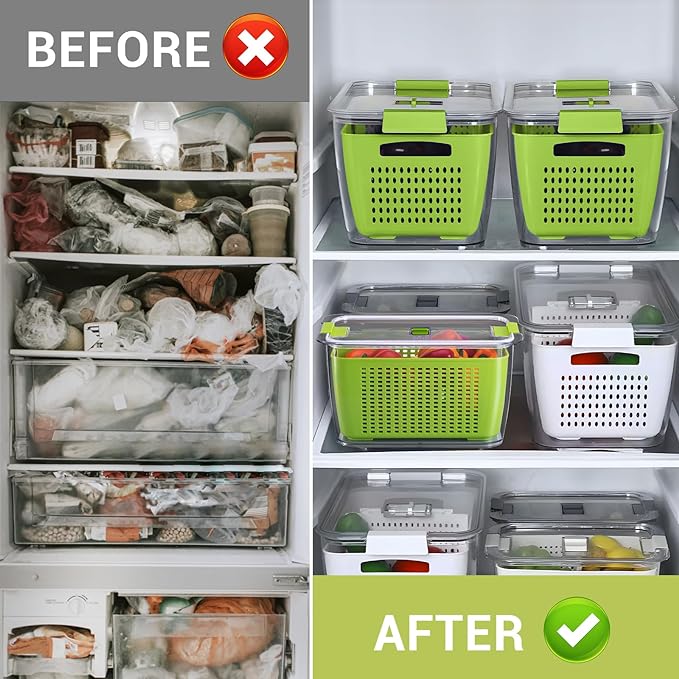 LUXEAR Fresh Container, 3PACK Produce Saver Container BPA Free Fridge Organizer for Vegetable Fruit and Salad Partitioned Food Storage Container with Vents Stay Fresh Containers Not Dishwashers Safe