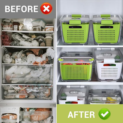 LUXEAR Fresh Container, 3PACK Produce Saver Container BPA Free Fridge Organizer for Vegetable Fruit and Salad Partitioned Food Storage Container with Vents Stay Fresh Containers Not Dishwashers Safe