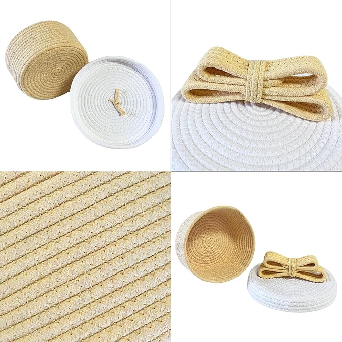 Cute Storage Baskets with Lids, Small Round Woven Rope Basket with Lid, Small Toy Box for Kids or Cat, Cute Basket for Gift, Decorative Basket with Chic Bow Handle, yellow