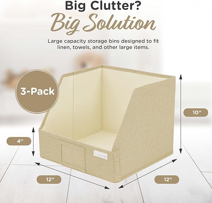 VIVIDECOR Open Front Closet Storage Bins 12x12x10 – Trapezoid Shelf Organizer, Easy Access Fabric Baskets for Clothes, Towels – Beige, 3 Pack